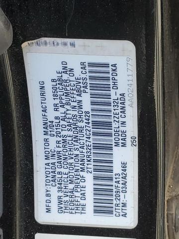 2T1KR32E74C274428 - 2004 TOYOTA COROLLA MA XR BLACK photo 12