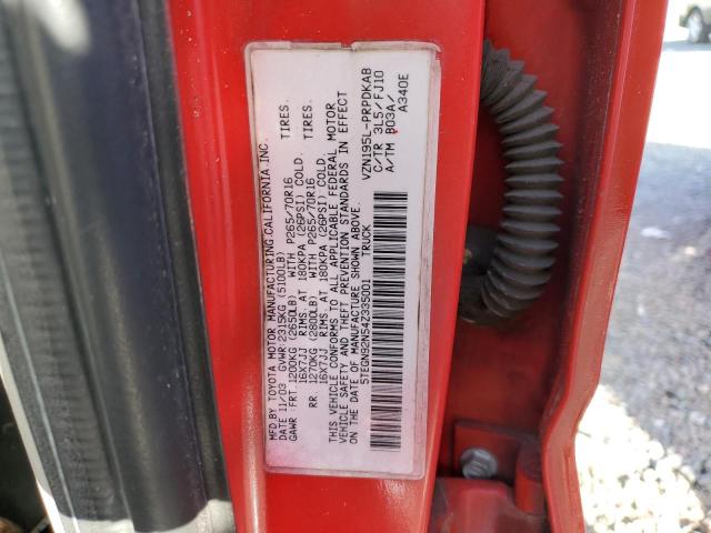 5TEGN92N54Z335001 - 2004 TOYOTA TACOMA DOUBLE CAB PRERUNNER RED photo 12