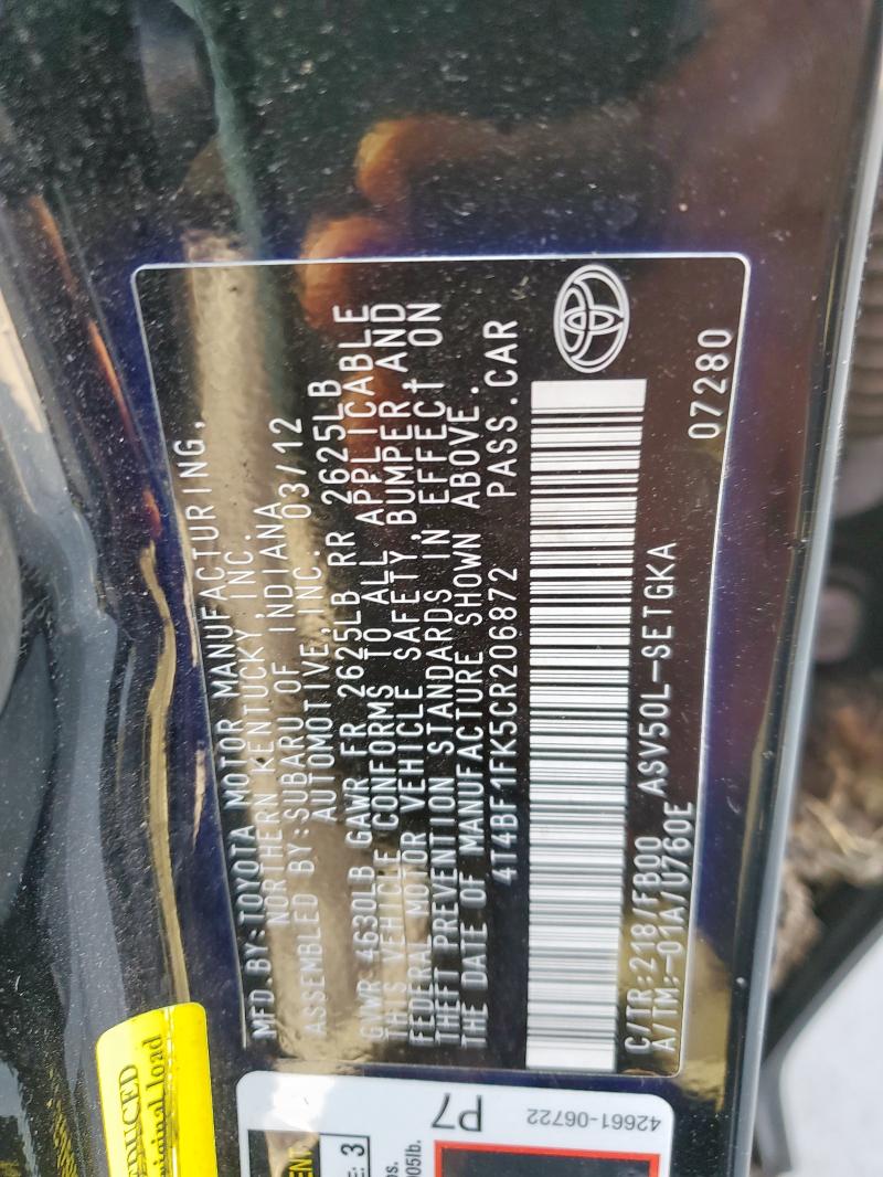 4T4BF1FK5CR206872 - 2012 TOYOTA CAMRY BASE BLACK photo 12