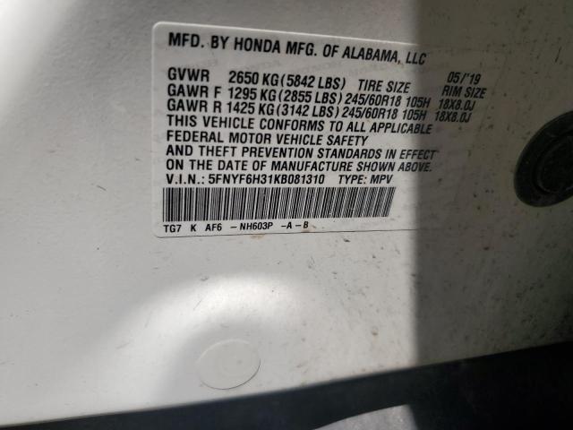 5FNYF6H31KB081310 - 2019 HONDA PILOT EX თეთრი ფოტო 13