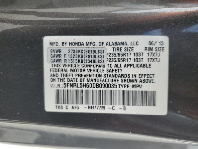 5FNRL5H60DB090035 - 2013 HONDA ODYSSEY EXL ნაცრისფერი ფოტო 13