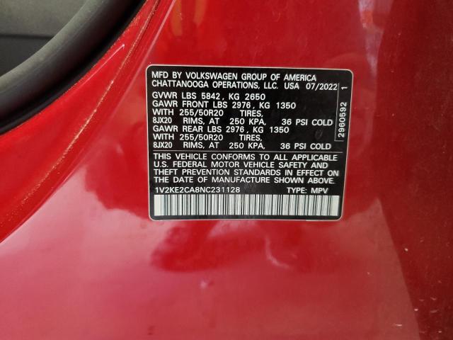 1V2KE2CA8NC231128 - 2022 VOLKSWAGEN ATLAS CROS SE Красный фото 13