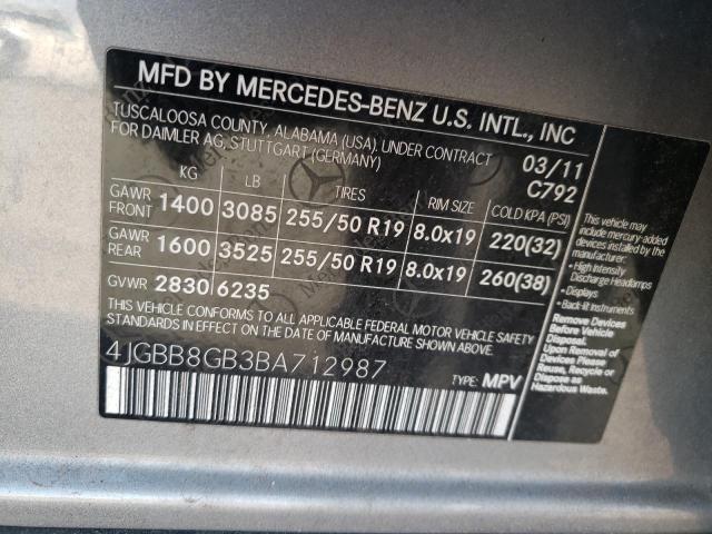 4JGBB8GB3BA712987 - 2011 MERCEDES-BENZ ML 350 4MATIC GRAY photo 10
