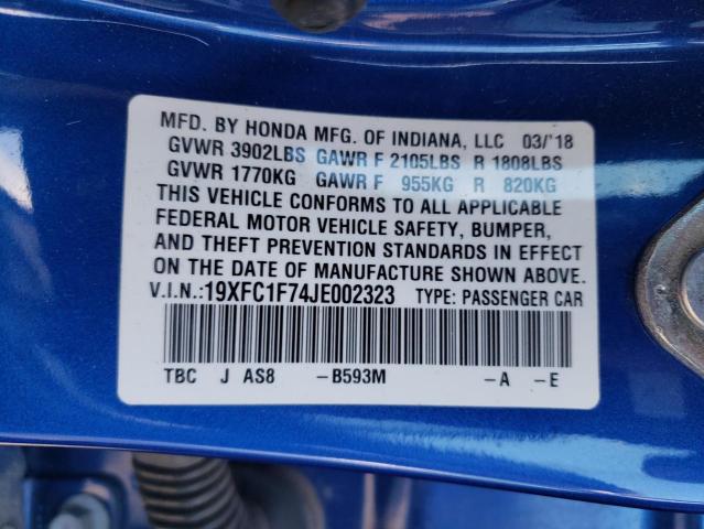 19XFC1F74JE002323 - 2018 HONDA CIVIC EXL Mavi foto 12