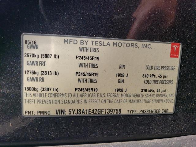 5YJSA1E42GF139758 - 2016 TESLA MODEL S 灰色 照片 12