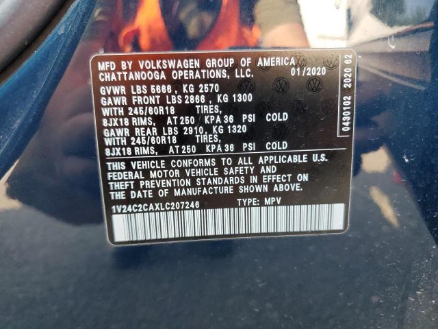 1V24C2CAXLC207246 - 2020 VOLKSWAGEN ATLAS CROS SE Синий фото 12