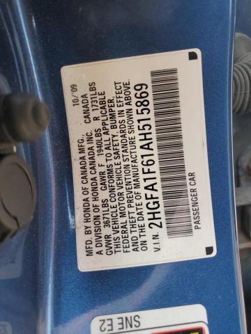 2HGFA1F61AH515869 - 2010 HONDA CIVIC LX-S 蓝色 照片 12