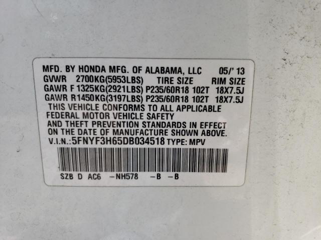 5FNYF3H65DB034518 - 2013 HONDA PILOT EXL WHITE photo 14