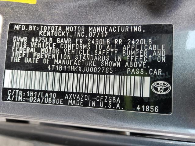 4T1B11HKXJU002765 - 2018 TOYOTA CAMRY L GRAY photo 12