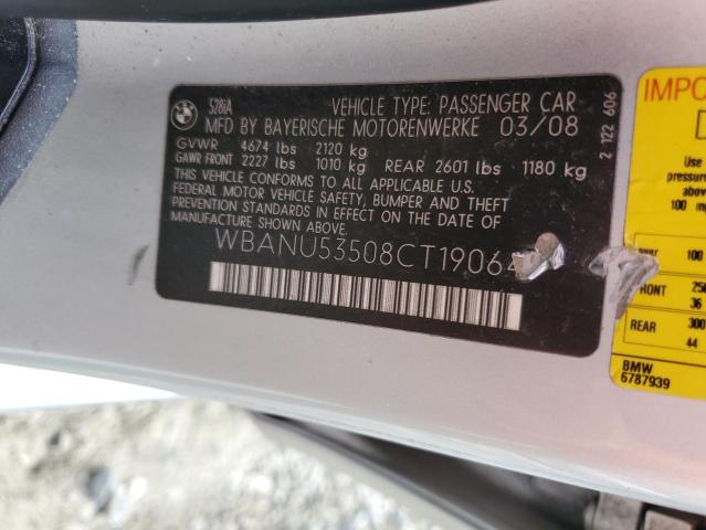 WBANU53508CT19064 - 2008 BMW 5 SERIES I SILVER photo 12