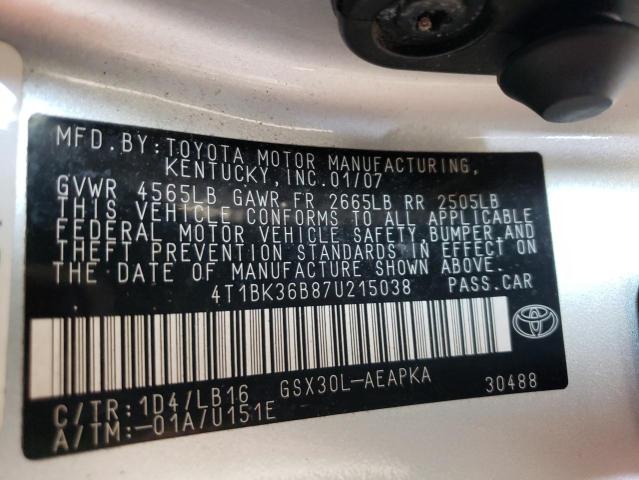 4T1BK36B87U215038 - 2007 TOYOTA AVALON XL SILVER photo 12