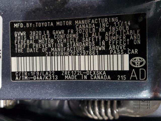 2T1BURHE2FC297661 - 2015 TOYOTA COROLLA L BLUE photo 12