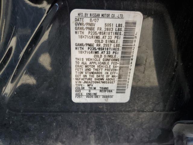 JN8AZ08W47W659987 - 2007 NISSAN MURANO SL BLACK photo 12