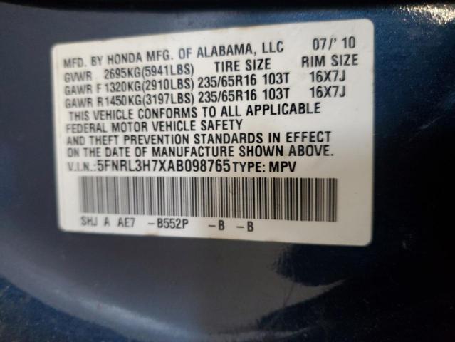 5FNRL3H7XAB098765 - 2010 HONDA ODYSSEY EXL BLUE photo 13