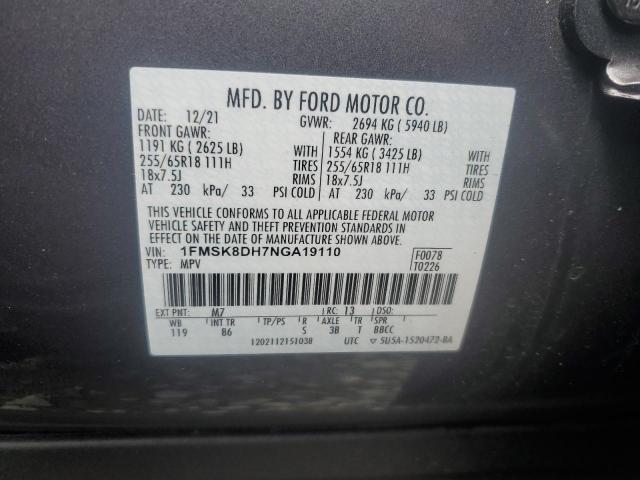 1FMSK8DH7NGA19110 - 2022 FORD EXPLORER XLT GRAY photo 13