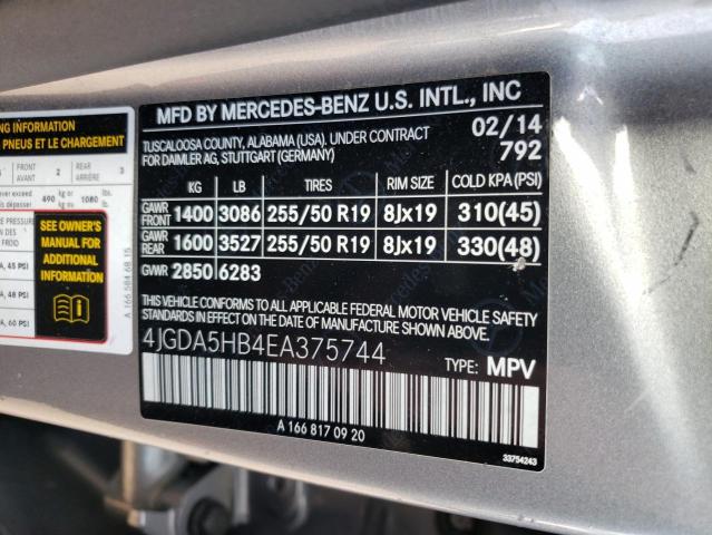 4JGDA5HB4EA375744 - 2014 MERCEDES-BENZ ML 350 4MATIC GRAY photo 13