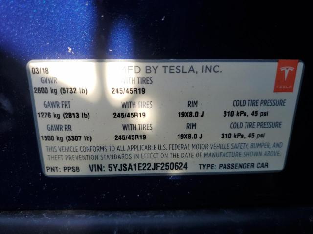 5YJSA1E22JF250624 - 2018 TESLA MODEL S BLUE photo 12