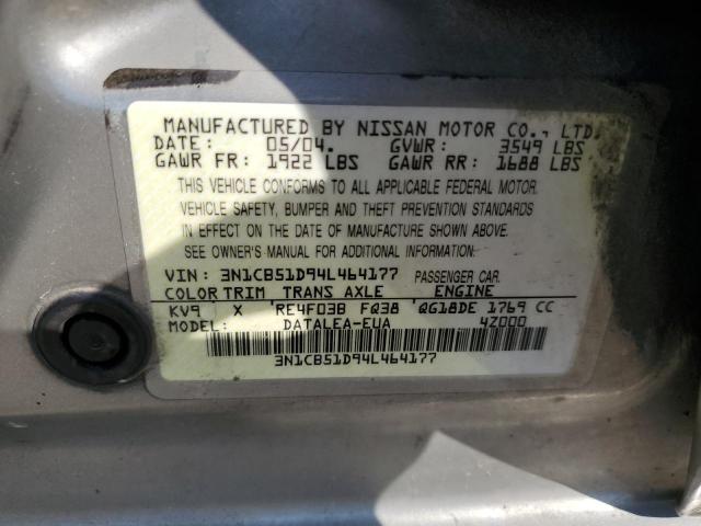 3N1CB51D94L464177 - 2004 NISSAN SENTRA 1.8 GRAY photo 12