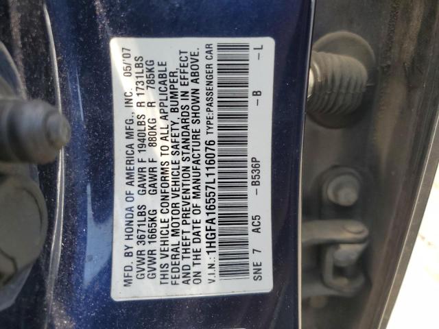 1HGFA16557L116076 - 2007 HONDA CIVIC LX BLUE photo 12