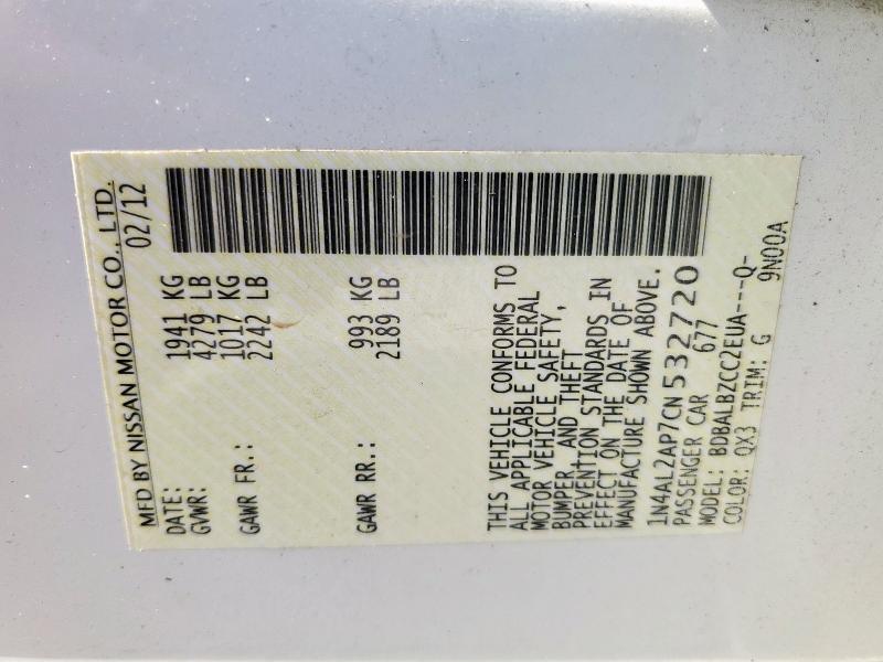 1N4AL2AP7CN532720 - 2012 NISSAN ALTIMA BASE 白色 照片 12