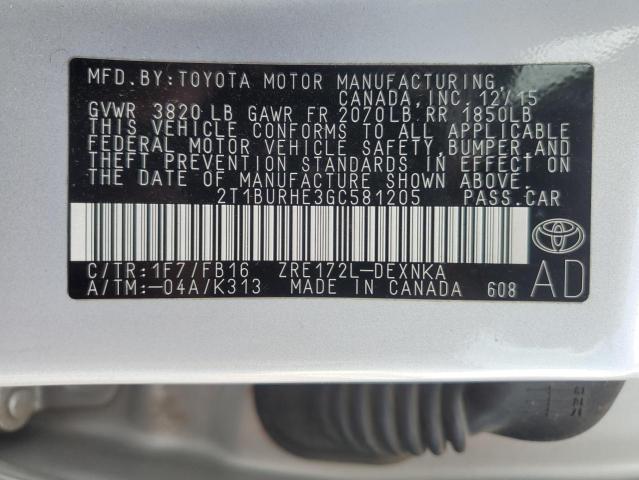 2T1BURHE3GC581205 - 2016 TOYOTA COROLLA L Silber Foto 12