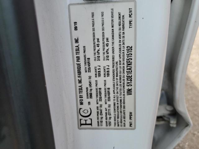 5YJ3E1EA7KF515152 - 2019 TESLA MODEL 3 白色 照片 12