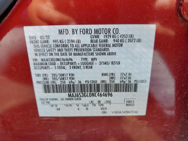 MAJ6S3GL0NC464696 - 2022 FORD ECOSPORT SE RED photo 13
