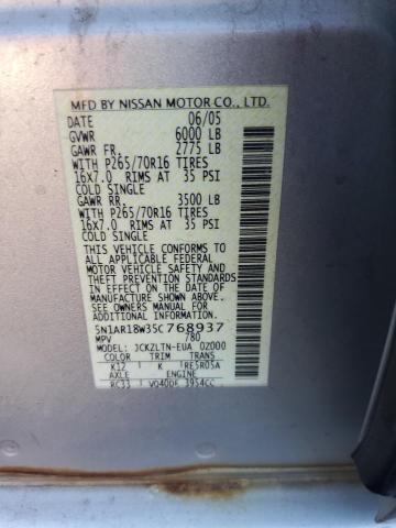 5N1AR18W35C768937 - 2005 NISSAN PATHFINDER LE 银色 照片 12