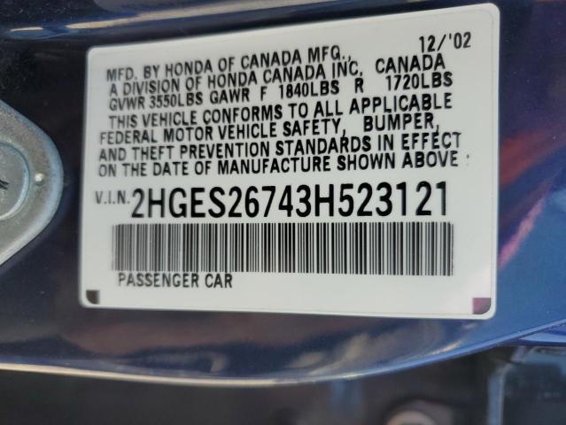 2HGES26743H523121 - 2003 HONDA CIVIC EX BLUE photo 12