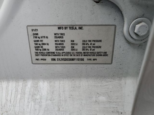 5YJYGDED6MF110186 - 2021 TESLA MODEL Y WHITE photo 12