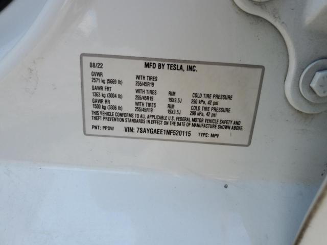 7SAYGAEE1NF520115 - 2022 TESLA MODEL Y WHITE photo 12