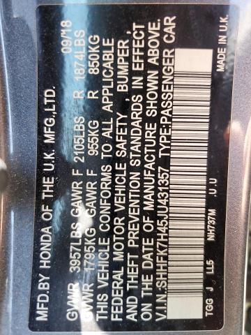 SHHFK7H45JU431357 - 2018 HONDA CIVIC SPORT Szary zdjęcie 13