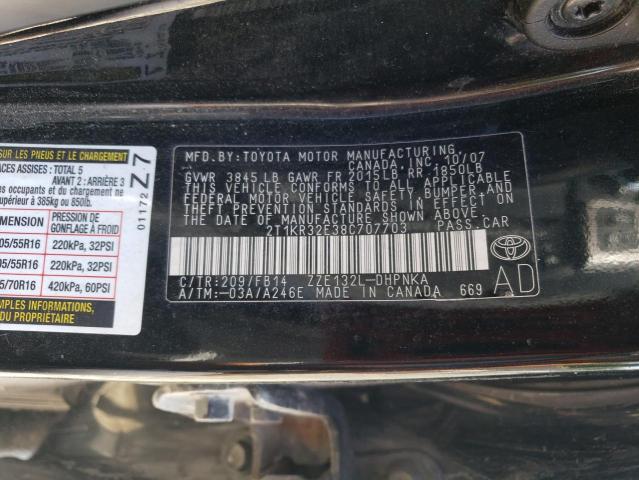 2T1KR32E38C707703 - 2008 TOYOTA COROLLA MA XR BLACK photo 12