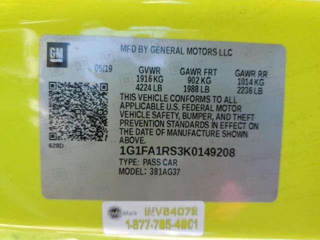 1G1FA1RS3K0149208 - 2019 CHEVROLET CAMARO LS ყვითელი ფოტო 12