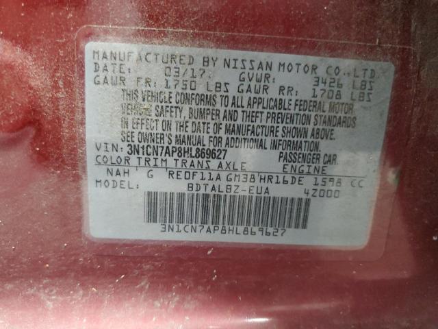 3N1CN7AP8HL869627 - 2017 NISSAN VERSA S RED photo 13