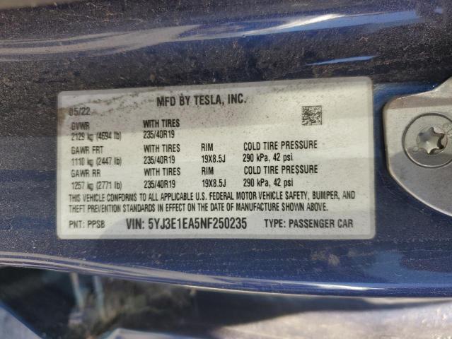 5YJ3E1EA5NF250235 - 2022 TESLA MODEL 3 ლურჯი ფოტო 14