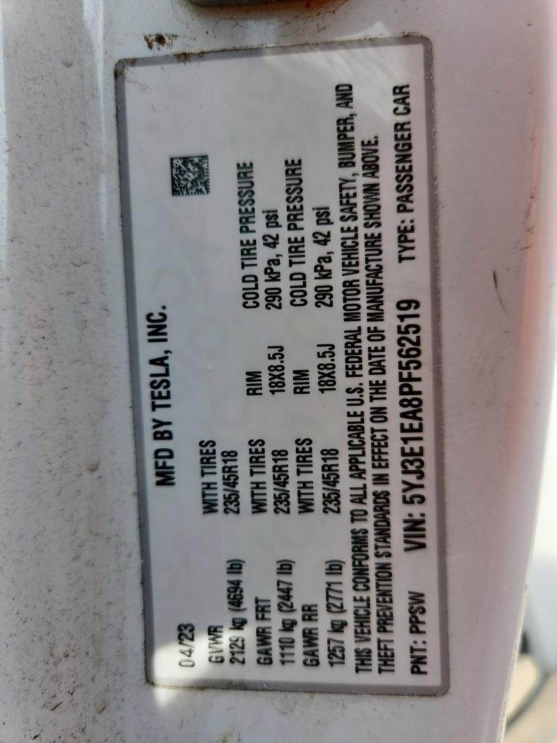 5YJ3E1EA8PF562519 - 2023 TESLA MODEL 3 WHITE photo 12