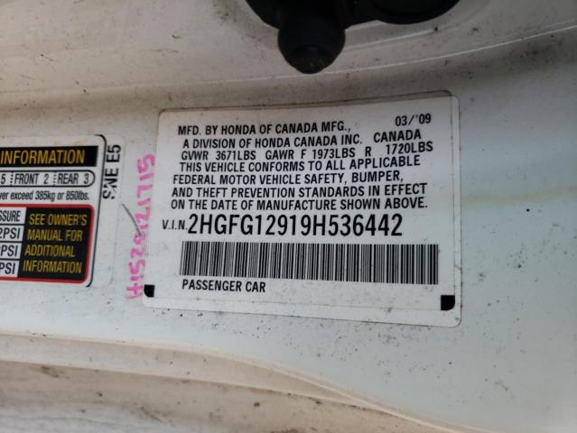 2HGFG12919H536442 - 2009 HONDA CIVIC EXL WHITE photo 12