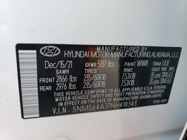 5NMS64AJ7NH418343 - 2022 HYUNDAI SANTA FE SEL WHITE photo 12