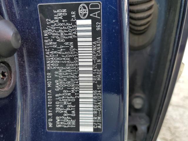 2T1BU4EE1CC899177 - 2012 TOYOTA COROLLA BASE 蓝色 照片 10