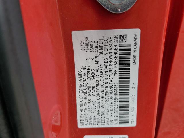 2HGFE2F55NH536960 - 2022 HONDA CIVIC SPORT წითელი ფოტო 13