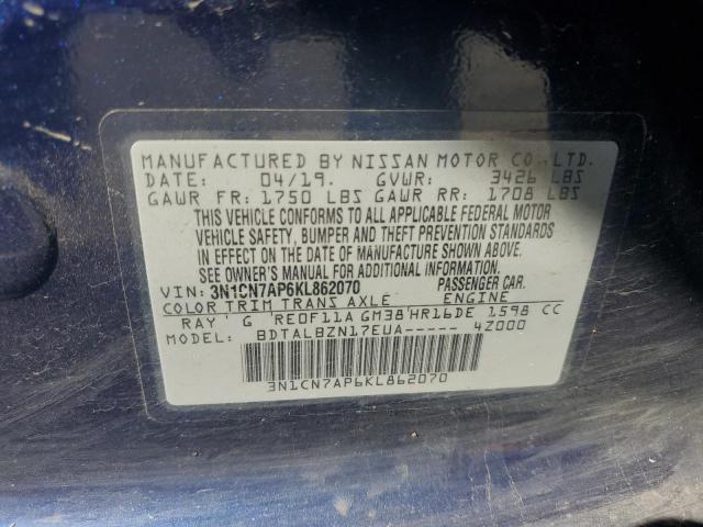 3N1CN7AP6KL862070 - 2019 NISSAN VERSA S Mavi foto 12