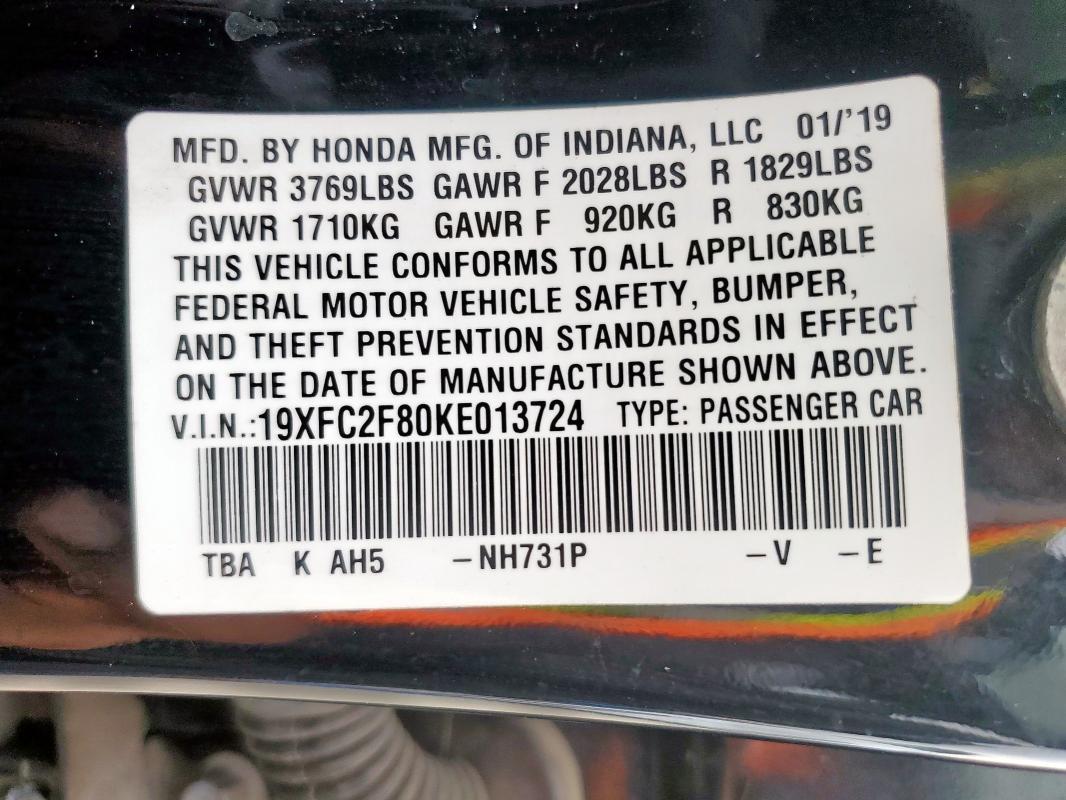 19XFC2F80KE013724 - 2019 HONDA CIVIC SPORT შავი ფოტო 12