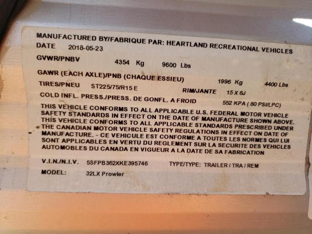 5SFPB362XKE395746 - 2019 HEART LAND PROWLER 双色 照片 10