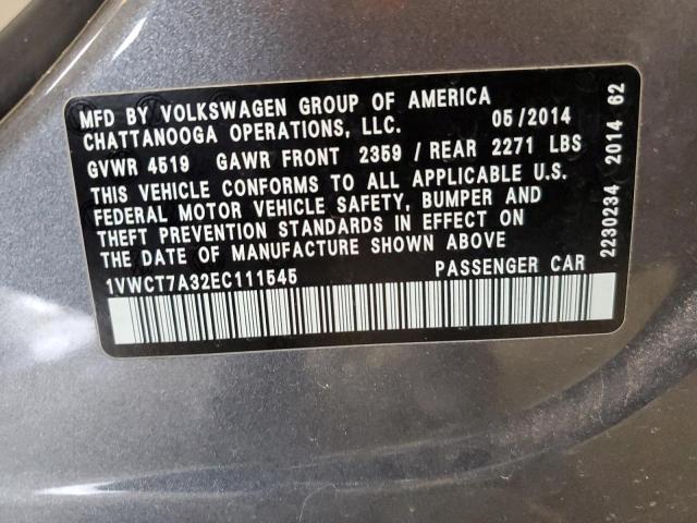 1VWCT7A32EC111545 - 2014 VOLKSWAGEN PASSAT SEL GRAY photo 10