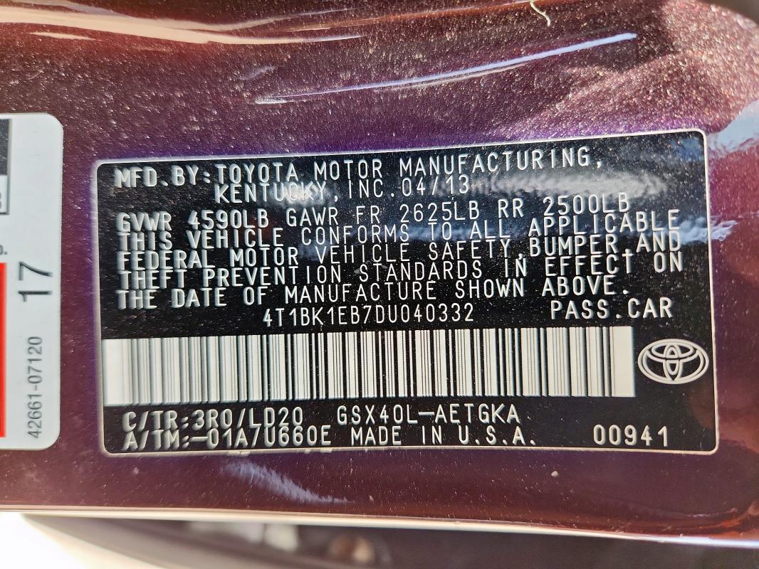 4T1BK1EB7DU040332 - 2013 TOYOTA AVALON BASE Շագանակագույն լուսանկար 12