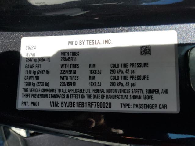 5YJ3E1EB1RF790020 - 2024 TESLA MODEL 3 Gris foto 12