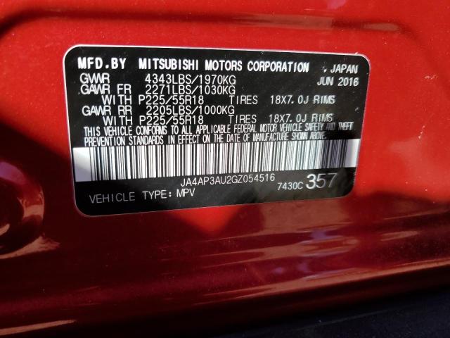 JA4AP3AU2GZ054516 - 2016 MITSUBISHI OUTLANDER ES RED photo 10