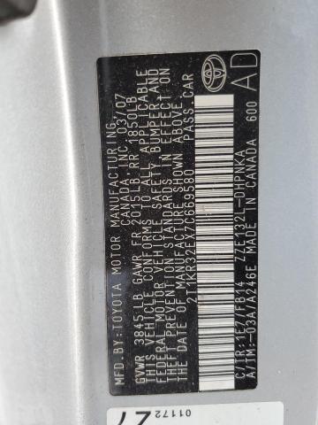 2T1KR32EX7C669580 - 2007 TOYOTA COROLLA MA XR SILVER photo 12
