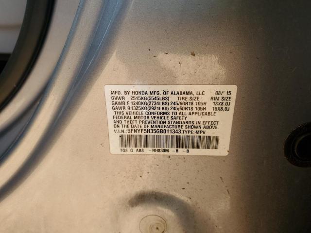 5FNYF5H35GB011343 - 2016 HONDA PILOT EX SILVER photo 13